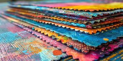 A colorful array of textile samples neatly stacked on a wooden table photo