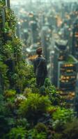 A man dressed in formal attire is standing on a hill, gazing at a city below photo