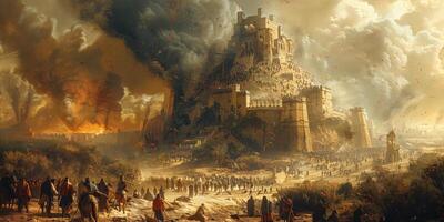 Epic Medieval Siege. Castle Under Attack, Intense Battle Scene, Flames and Smoke Rising photo