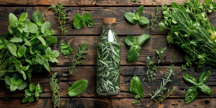 A bottle of herbs sits on a wooden table in a rustic setting photo