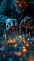 At night, a man plays with a city model decorated for a holiday event photo