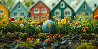 A globe in a flower field, surrounded by trees, grass, and a house photo
