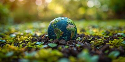 A small globe sits atop a mound of soil in a natural landscape photo