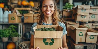 A woman holds a cardboard box with a recycling symbol photo