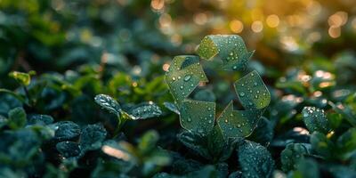 Recycling symbol with leaves and water drops growing in grass photo