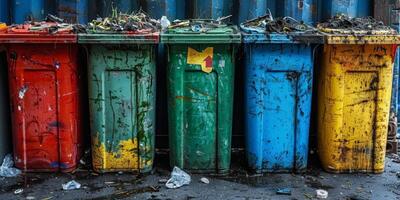 Colorful recycling bins at an urban waste collection site are dirty and in need of cleaning photo