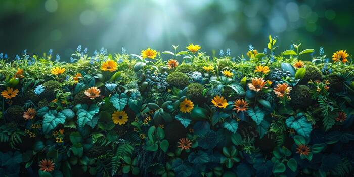 varios flores y plantas son floreciente en el pared foto