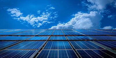 A row of solar panels against a blue sky with fluffy white clouds photo