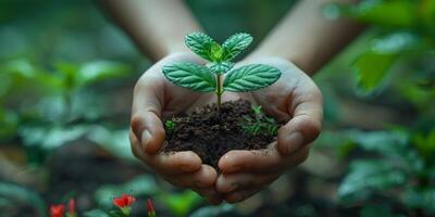 A person is tenderly holding a small plant in their hands under the sunlight photo