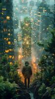 A man is standing in a forest close to a city during the night photo