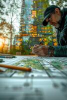 A man writing at a table near water, surrounded by wood, grass, and forest photo