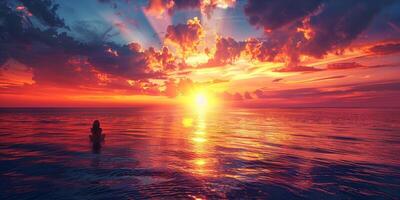 Pixel art sunset over ocean, sun shining through clouds photo