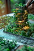 A person is drawing a building model with trees on top photo