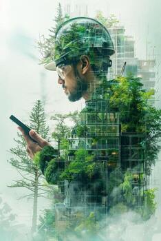 The image shows a man staring at a cellphone, with a double exposure effect photo