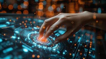 A womans hand pressing a screen button, using futuristic technology photo