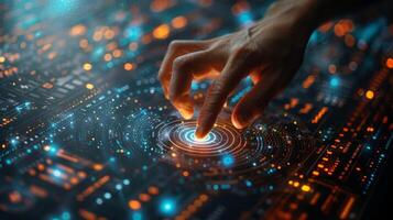 Hand pushing button on futuristic screen with electric blue colors photo