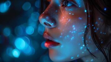 A close up of a womans face illuminated by blue lights photo