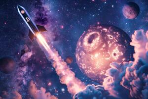 A rocket is soaring across the void with a distant planet in the backdrop photo