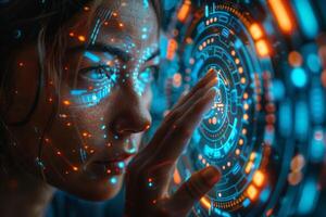 A woman interacts with a futuristic screen by touching it photo