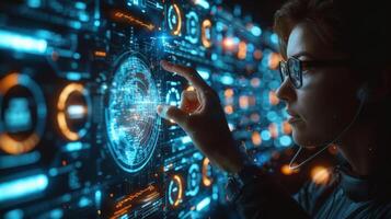 Woman in glasses and headset using futuristic screen photo