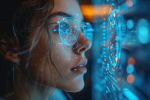 A woman wearing glasses is interacting with an advanced digital interface in a futuristic setting photo