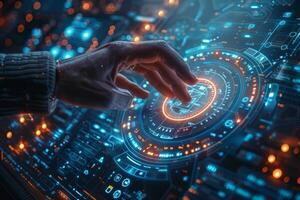 A human hand activates a button on a modern display in a futuristic setting photo