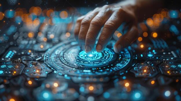 Hand interacting with a futuristic interface featuring blue and orange glowing lights photo
