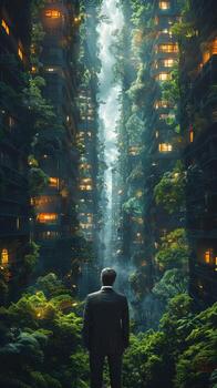 A man in a suit standing inside a building amidst green trees photo