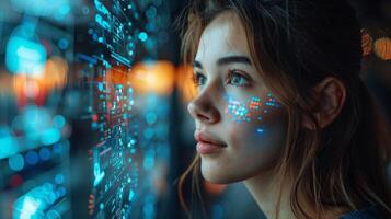 A woman is observing information on a computer screen photo