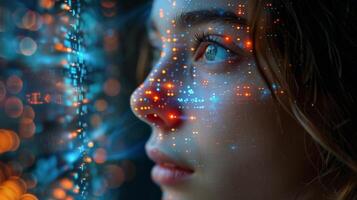 The image shows a womans face up close with glowing dots on it photo