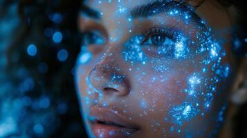 The image shows a womans face in closeup with blue lights illuminating it photo