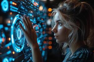 A woman with black hair is interacting with a futuristic touchscreen display photo