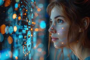 A futuristic woman engaging with a technological interface and digital advancements photo