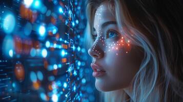 A mesmerizing image of a woman with digital face paint, captivated by futuristic technology photo