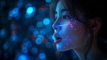 A womans face illuminated with blue lights in the darkness photo