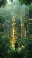 City lights seen through trees at night, blending urban and natural beauty in a serene way photo