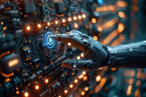 Robotic hand pressing a button on a motherboard in closeup shot photo