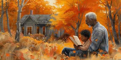Elderly man reads book to boy in nature with trees and grass photo