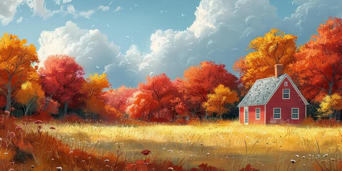 Pixel art of a red house in a field with autumn trees photo