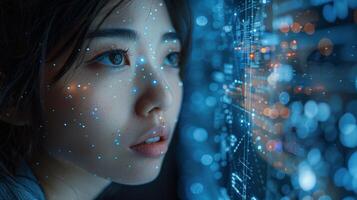 A woman looks at a computer screen displaying a digital image of her face photo