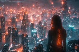A woman stands in a futuristic city at night in the image photo