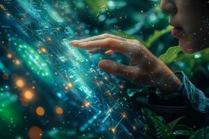 A person is touching a futuristic screen with their finger in a natural setting photo