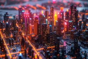 Miniature futuristic city model at night with skyscrapers and lights photo
