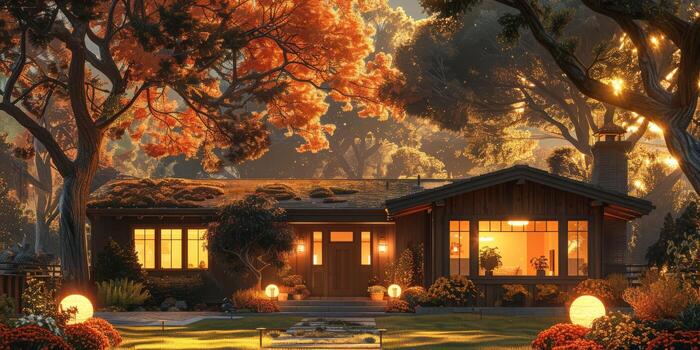 A house is illuminated at night in a forest surrounded by trees photo