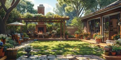 In a houses backyard, theres a fireplace surrounded by grass and trees photo