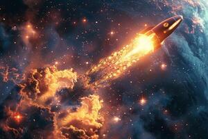 A rocket is soaring in the sky, spewing flames as it moves forward photo