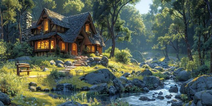 A pixel art of a house in a forest next to a stream photo