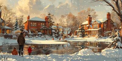 Pixel art illustration of a man and kids near a snowy village lake photo