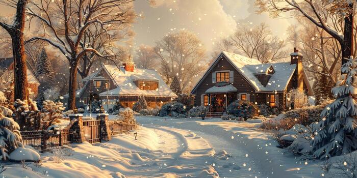 A snowy pixel art with houses and trees covered in snow photo