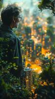 A man in the woods looking at a city at night, with a calm face photo